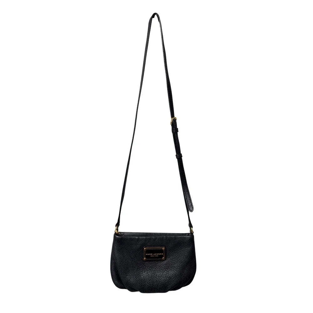 Marc Jacobs Crossbody Bag Women OS Black Pebbled Leather Gold Logo Plate Luxury